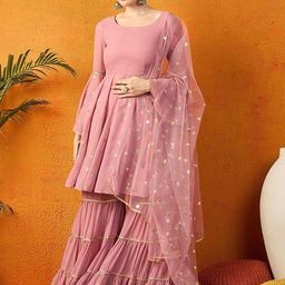 PANIT Peach Paisley Embroidered Layered Sequinned Kurta with Sharara & Dupatta-picture-58