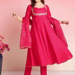 GoSriKi Floral Yoke Design Gotta Patti Anarkali Kurta With Trousers & Dupatta-image-101