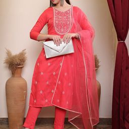 House of Pataudi Thread Embroidered Round Neck Kurta With Trousers & Dupatta-image-77