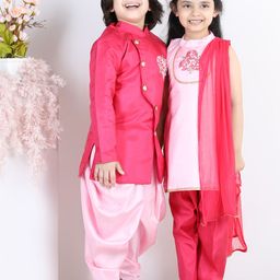 BownBee Girls Pink Hand Embroidered Silk Kurta with Salwar & Dupatta-image-26