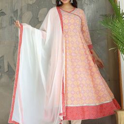 Anouk Geometric Printed V-Neck Anarkali Angrakha Kurta With Trousers & Dupatta-85