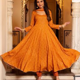 Calmna Women Mustard Yellow Bandhani Printed Anarkali Kurta with Trousers & With Dupatta-picture-3