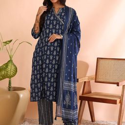 IKRASS Floral Printed Mirror Work Cotton Straight Kurta with Trousers & Dupatta-image-45