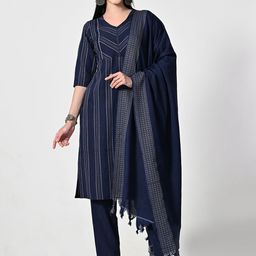 AMBI Striped V-Neck Straight Kurta With Trousers & Dupatta-picture-33