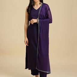 MOKOSH Striped V-Neck Straight Kurta with Trousers & Dupatta-image-38