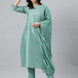 Janasya Women Green Striped Kurta Set With Dupatta-image-50
