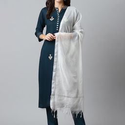 Sringam Women Teal Green Ethnic Motifs Embroidered Kurta with Trousers & With Dupatta-34