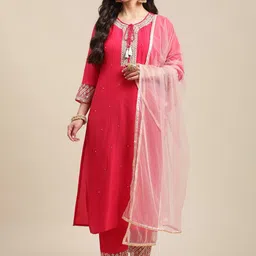 Varanga Women Pink Zari Embroidered Kurta With Trouser With Net Lace Dupatta.-image-17