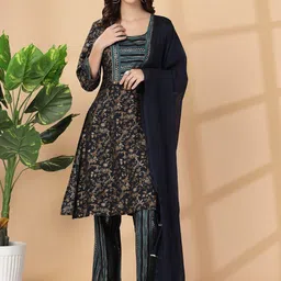 Nayam By Lakshita Floral Printed Regular Thread Work Kurta with Trouser & Dupatta image 1
