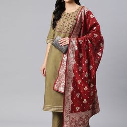 KAVINDI Floral Embroidered Regular Sequinned Kurta With Trouser & Dupatta-image-68