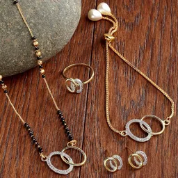 Kennice Gold-Plated AD Studded Mangalsutra With Earrings, Bracelet & Finger Ring-image-56