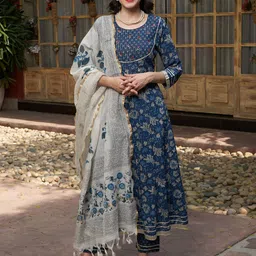 Sangria Blue Printed Gotta Patti Pure Cotton Empire A-Line Kurta with Trousers & Dupatta-40