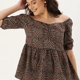 Taavi Women Brown & Black Ajrakh Hand Block Print A-line Sustainable Pure Cotton Top with Gathers-2