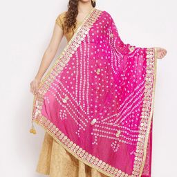 Clora Creation Magenta & White Bandhani Tie and Dye Dupatta with Gotta Patti-21