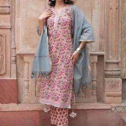 Sangria Peach-Coloured Ethnic Motifs Printed Pure Cotton Kurta with Trousers & Dupatta-picture-4