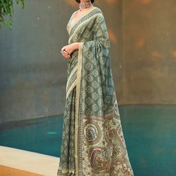 Anouk Sea Green & Red Ethnic Motifs Printed Zari Bagh Saree-image-96