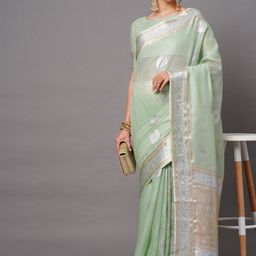 Mitera Green & Gold-Toned Floral Zari Banarasi Saree-image-9