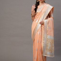 Mitera Peach-Coloured & Silver-Toned Floral Banarasi Saree-30