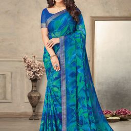 Anouk Blue & Green Geometric Printed Zari Pure Chiffon Bagru Saree-image-14