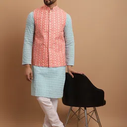 SOJANYA Ethnic Motifs Embroidered Pure Cotton Kurta With Pyjamas & Nehru Jacket-picture-32