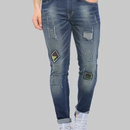 Campus Sutra Men Blue Smart Heavy Fade Applique Cotton Denim Slim Fit Stretchable Jeans-picture-14