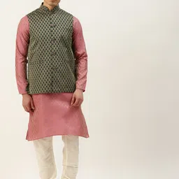 SOJANYA Men Pink & Golden Ethnic Motifs Kurta with Churidar & Nehru Jacket-image-71