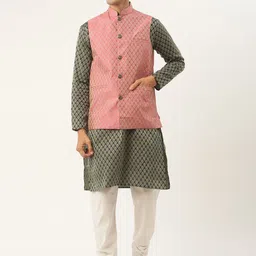 SOJANYA Men Green Ethnic Motifs Kurta with Churidar & Nehru Jacket-image-92