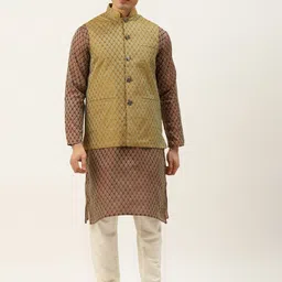 SOJANYA Men Maroon & Beige Woven Design Kurta with Churidar & Nehru Jacket-42