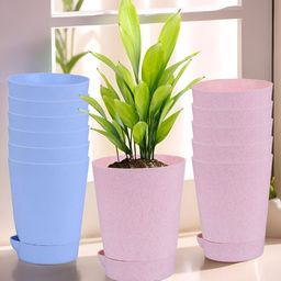 Kuber Industries Blue & Pink 12 Pieces Marble Finish Planters With Tray-27