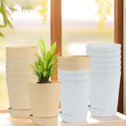 Kuber Industries White & Beige 18 Pieces  Marble Finish Planters With Tray-57