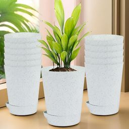Kuber Industries White 12 Pieces Marble Finish Planters With Tray-48
