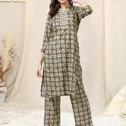 KALINI Brown & Cream Coloured Printed Mirror Work Kurta With Palazzos-picture-36