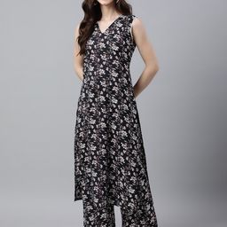 Janasya Women Black Cotton Floral Print Tunic With Palazzo-50
