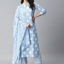 Stylum Women Blue & White Floral Printed Pure Cotton Kurta with Trousers & Dupatta-picture-40