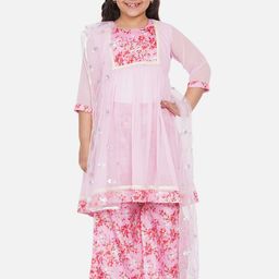 Little Bansi Girls Pink Floral Panelled Pure Cotton Kurti with Palazzos & With Dupatta-image-50