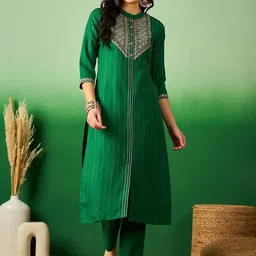 Sangria Green Striped Embroidered Mandarin Collar Sequinned Straight Kurta With Trouser-picture-4