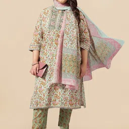 MIRCHI FASHION Olive Green Plus Size Printed Pure Cotton Kurta & Trousers With Dupatta-picture-15