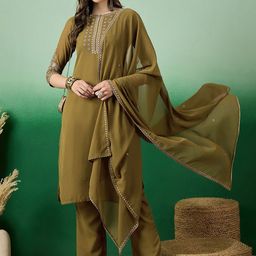 Sangria Olive Green Floral Embroidered Sequinned Straight Kurta With Trouser & Dupatta-15