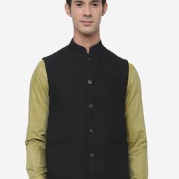 MODI JACKET Men Black Colourblocked Crop Tailored Jacket with Patchwork-picture-2