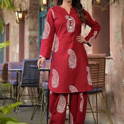 ARAVALII Paisley Printed Notch Neck Pure Cotton Straight Kurta With Patiala-57