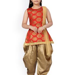 Aarika Girls Red Printed Pleated Pure Silk Kurti with Patiala-image-23