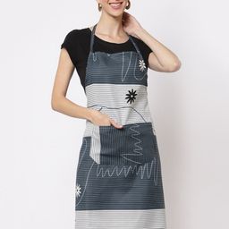 Arrabi Grey & Blue Striped Printed Apron With 2 Patch Pockets-1