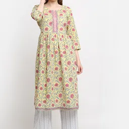KALINI Women Mustard Yellow Floral Printed Aari Work Cotton Kurta with Palazzo & Dupatta-image-47