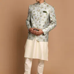 VASTRAMAY Men Cream-Coloured Printed Angrakha Kurta with Pyjamas image 1