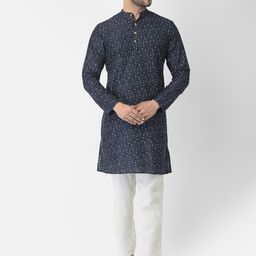 DEYANN Men Navy Blue & White Printed Kurta with Trousers-image-102