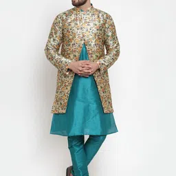 Kaifoo Men Turquoise Blue Layered Kurti with Churidar-image-51
