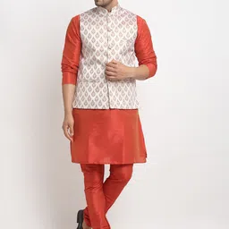 Kaifoo Men Orange Solid Kurta With Churidar & Nehru Jacket-35