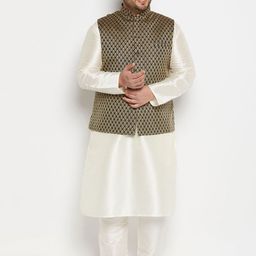 VASTRAMAY Men Plus Size Mandarin Collar Regular Kurta & Churidar With Nehru Jacket-4