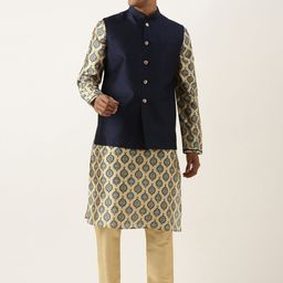 TheEthnic.Co Men Ethnic Motifs Printed Art Silk Kurta with Pyjamas & Nehru Jacket-24