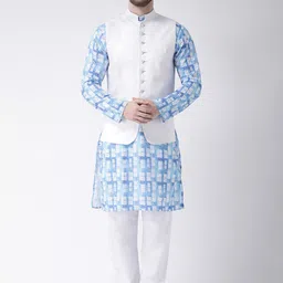 Hangup Men Mandarin Collar Printed Kurta with Pyjamas & Nehru Jacket-picture-28